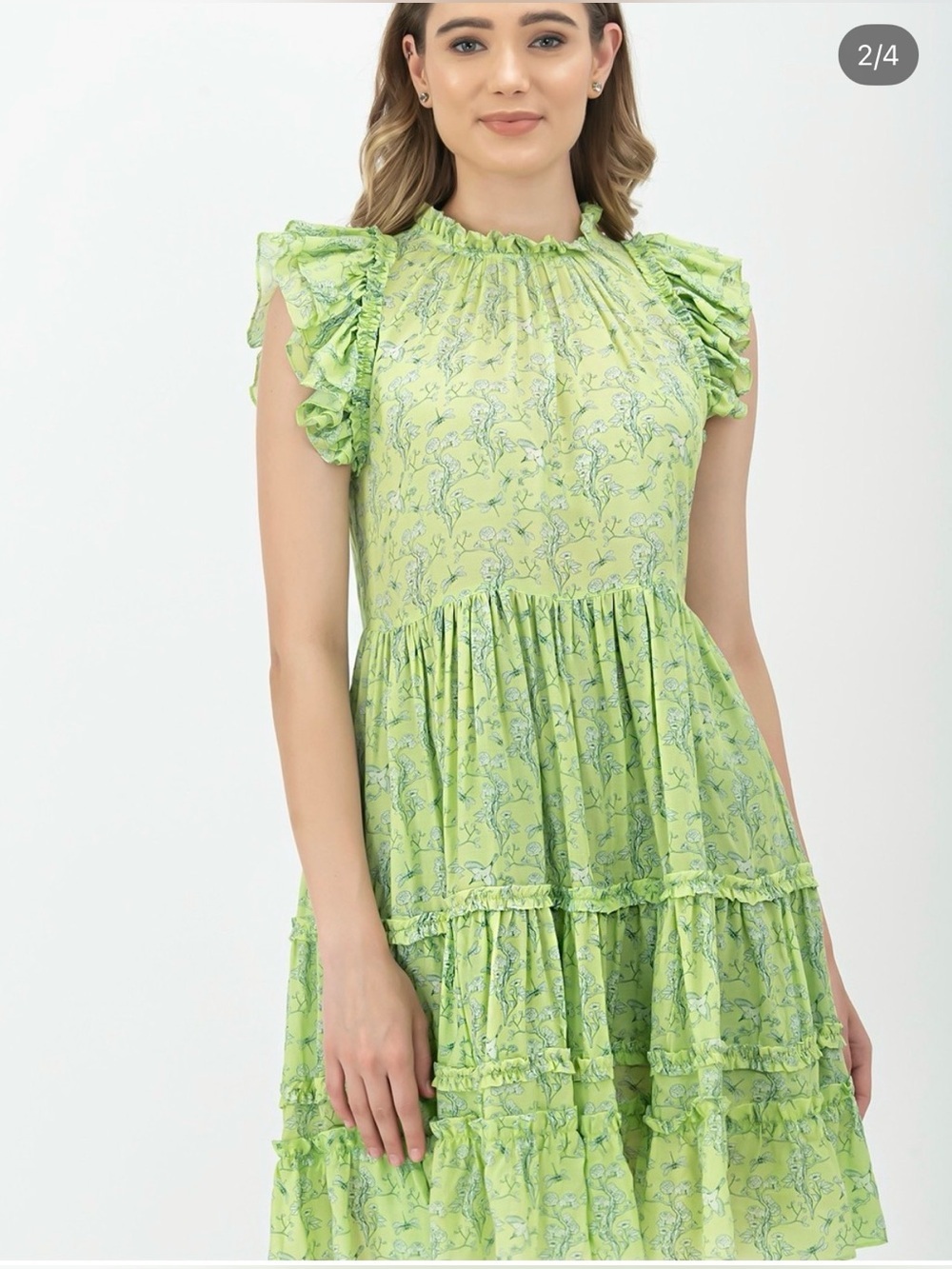 Maxime Zeaberg Toronto Green Floral Cotton / Silk Tiered Ruffle Mini Dress Sz L